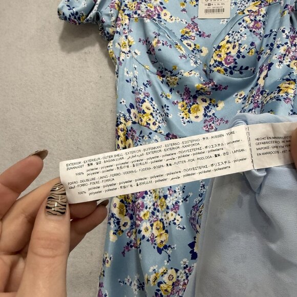 Zara Dress Womens Small Blue Floral Puff Sleeve Fit & Flare Mini Satin Sundress - Picture 12 of 14
